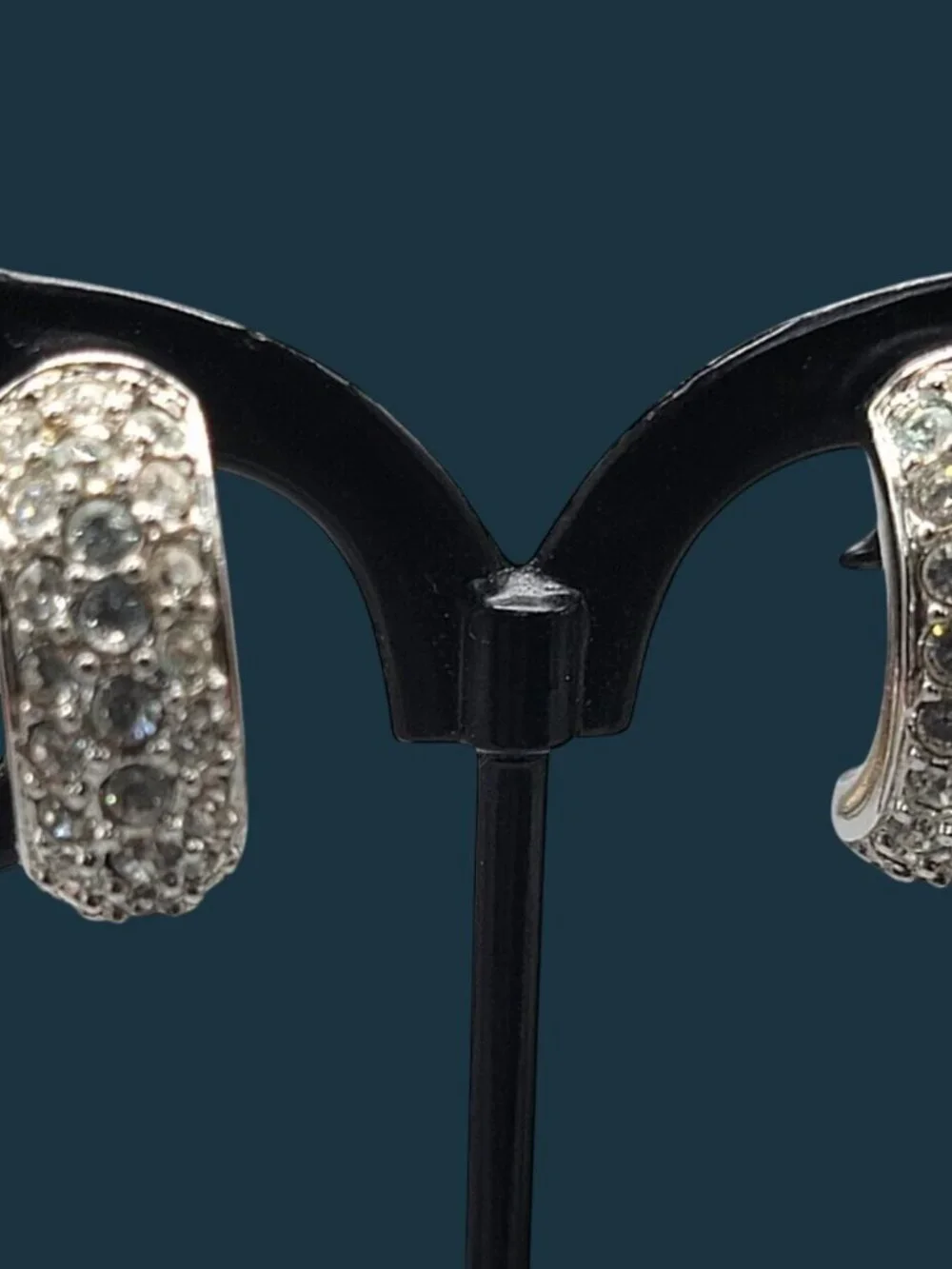 Swan Signed Swarovski Half Hoop Post Earrings Vintage Colorless Crystal Paved